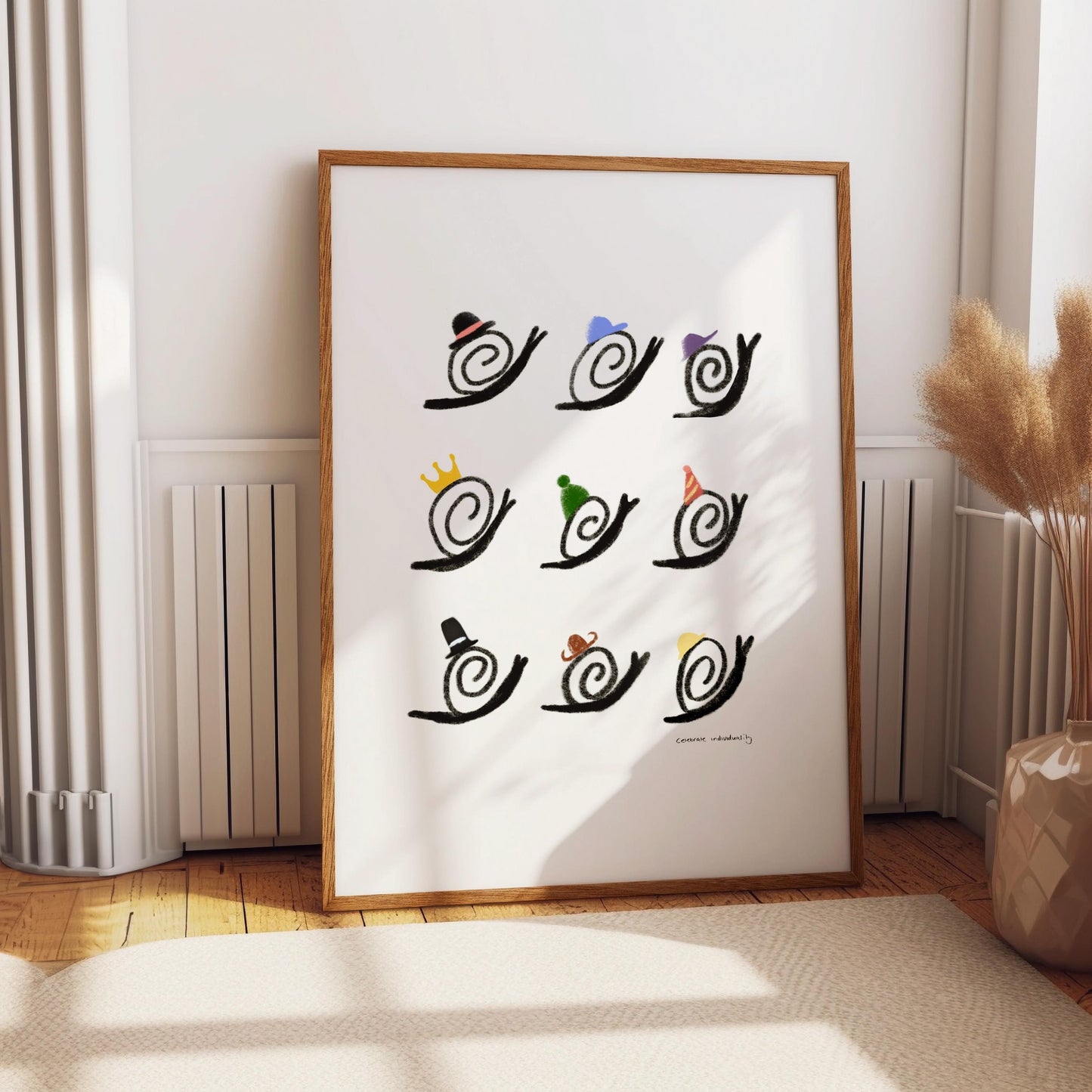 Snails in hats silly fun wall art print celebrating individuality