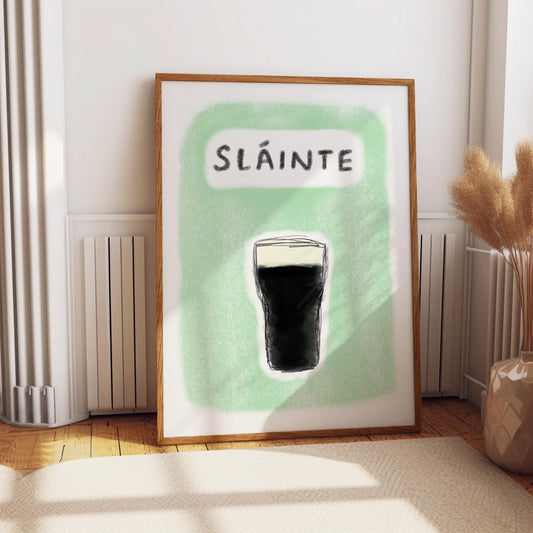 Guinness Print Hand Drawn  for Home Bar or Man Cave Valentine Gift for Guinness drinker, Green, Wall Art, Dublin Irish, Split the G, Sláinte