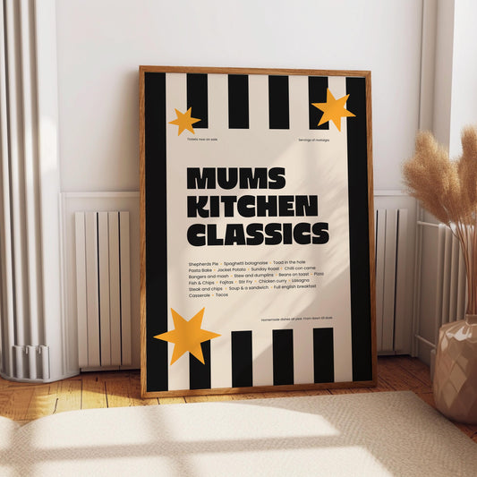 Mum's Kitchen Classics Print: Retro British Food Poster Black and white kitchen print