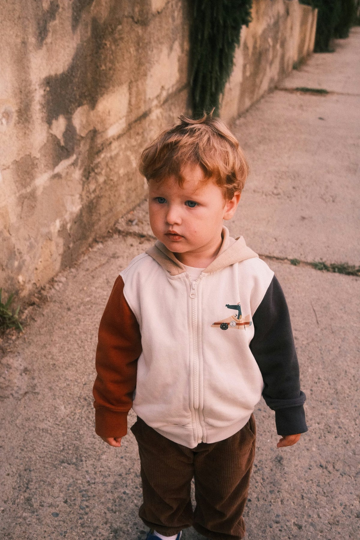 Toddler in a colour-block zip hoodie with a small chest print, walking outdoors