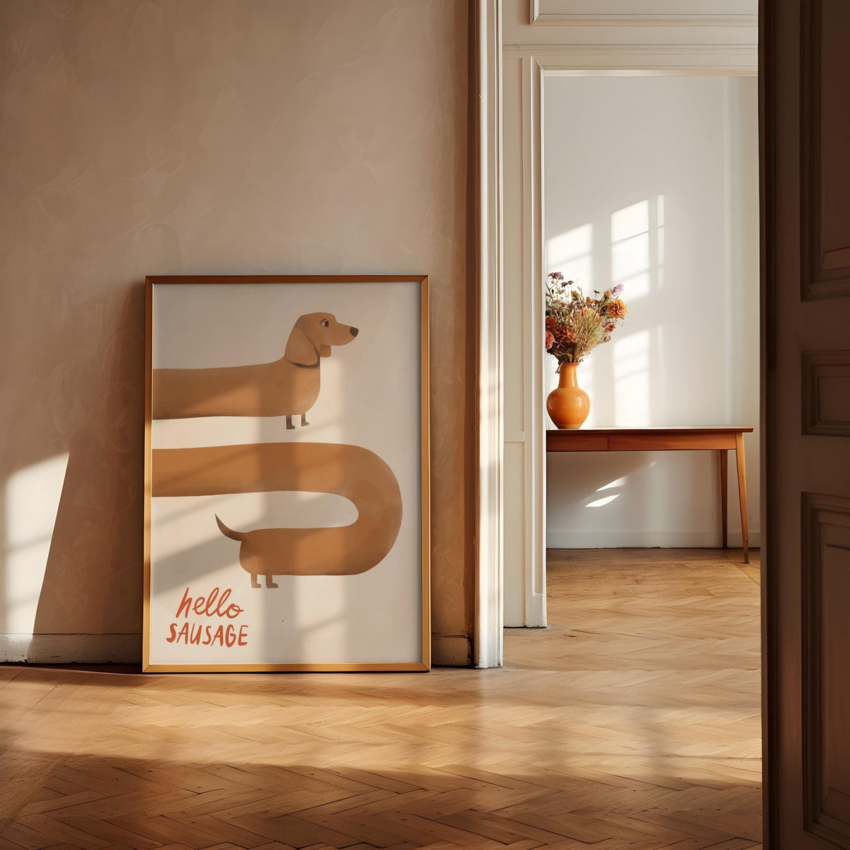 Sunlit hallway with a framed dachshund print leaning against the wall